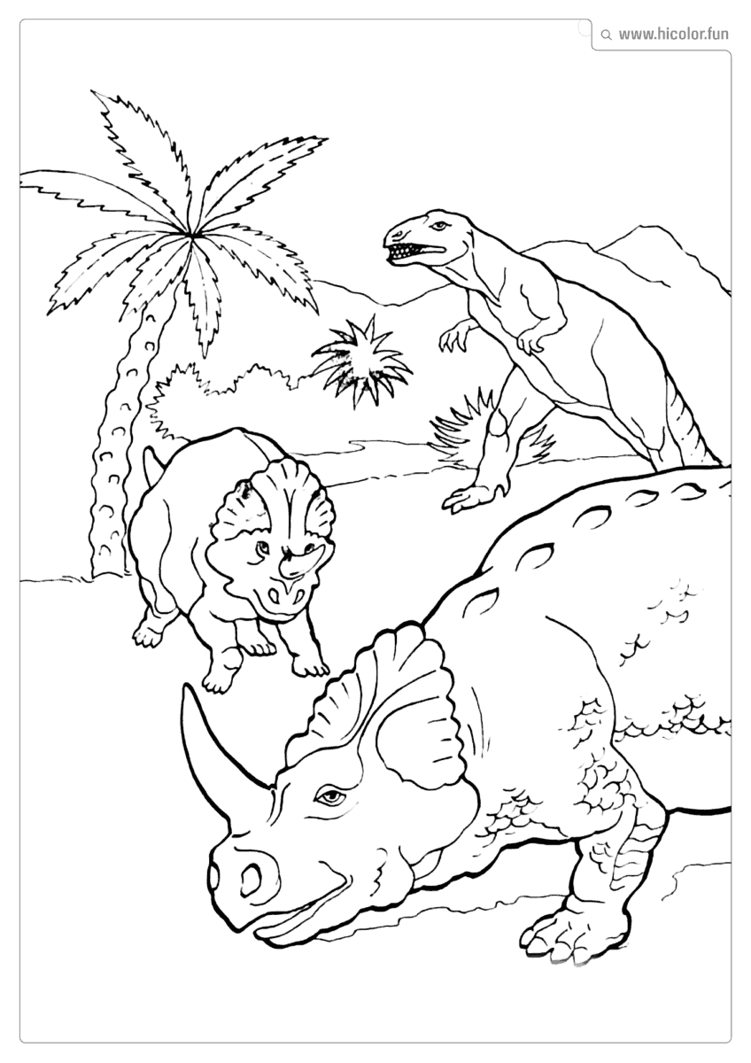 DESENHO DE DINOSSAURO PARA COLORIR TRICERATOPE FUGINDO DO T REX PARA IMPRIMIR
