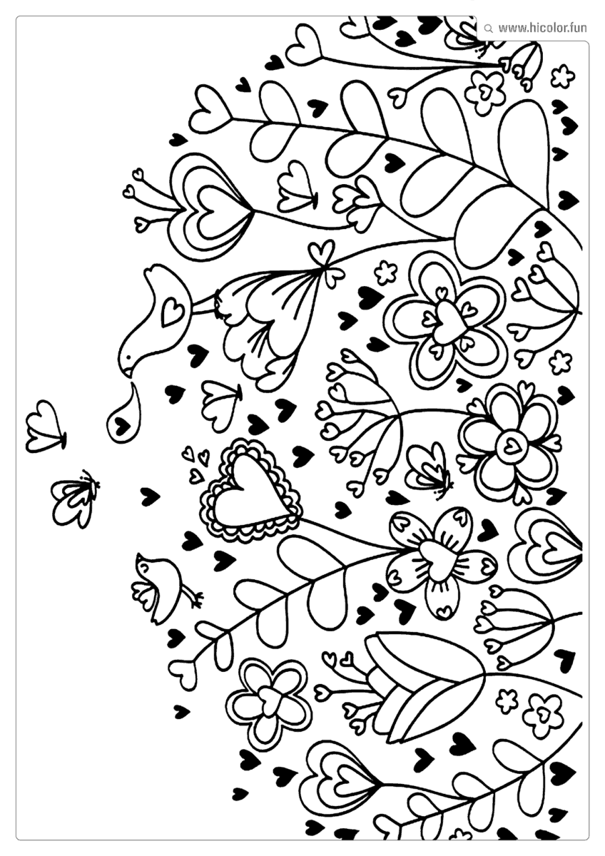DESENHO DE FLOR PARA COLORIR FLOR DE CORAçãO E PASSARINHOS PARA IMPRIMIR