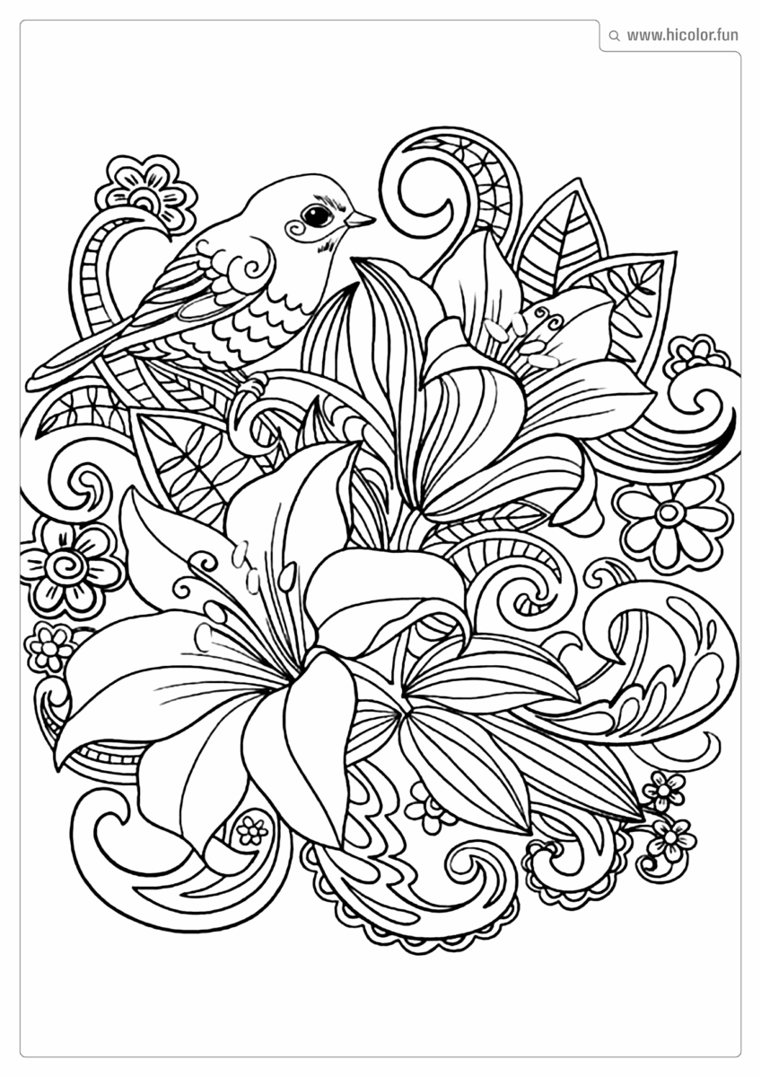 DESENHO DE FLOR PARA COLORIR LíRIOS E PáSSARO PARA IMPRIMIR