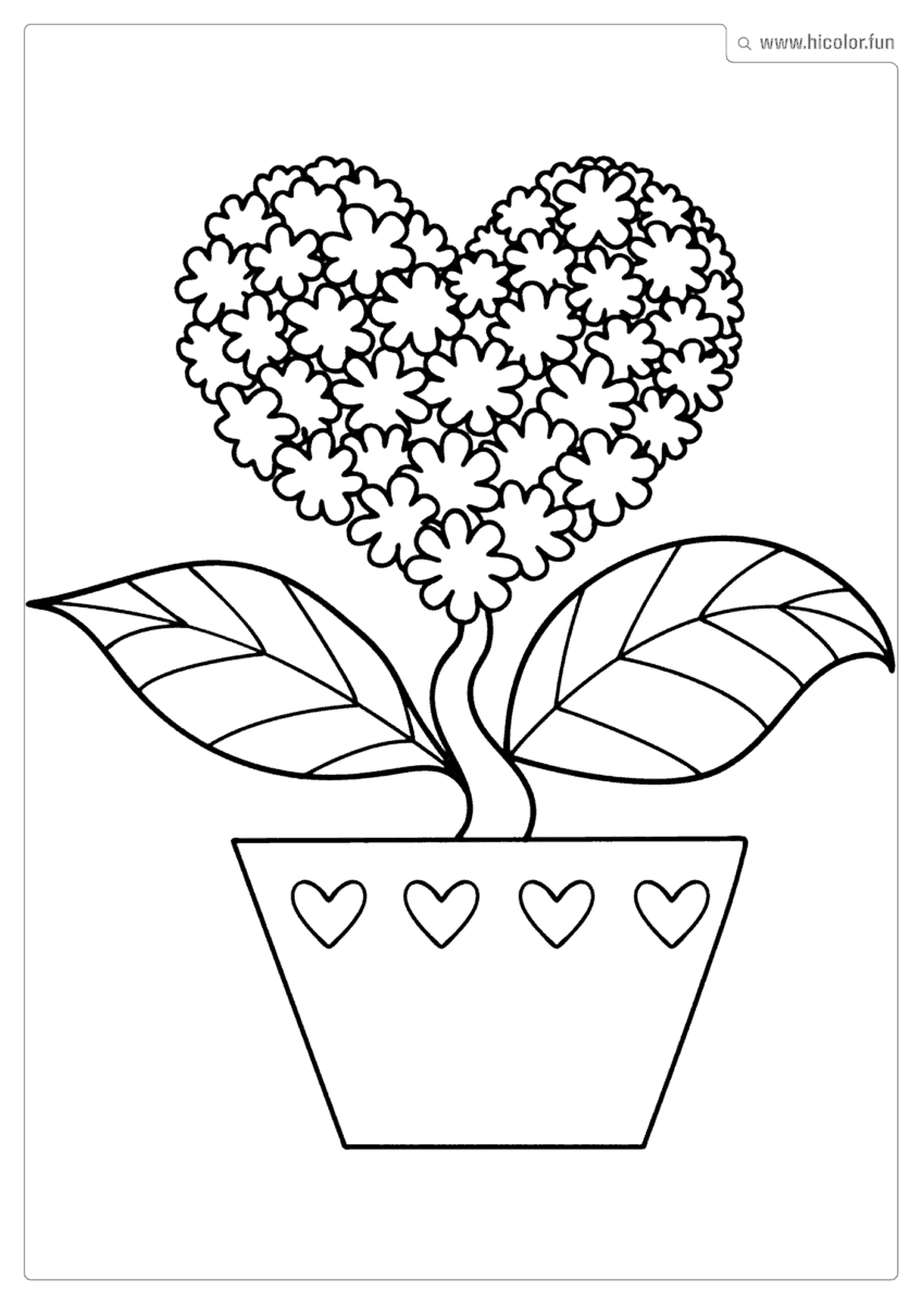 DESENHO DE FLOR PARA COLORIR VASO COM FLOR DE CORAçãO PARA IMPRIMIR