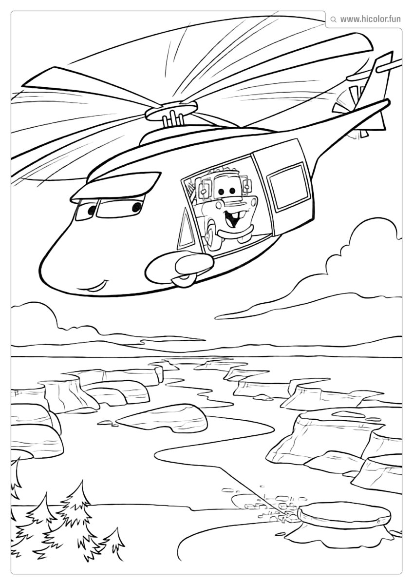DESENHO PARA COLORIR CARROS DISNEY MATE ANDANDO DE HELICOPTERO