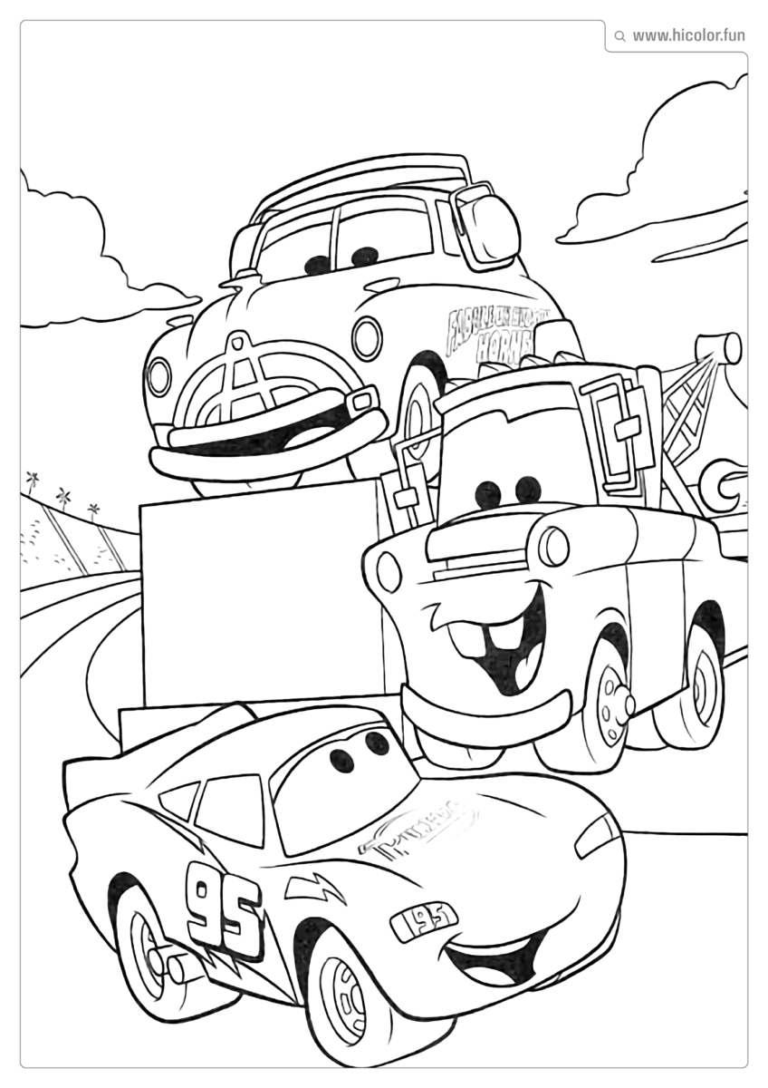DESENHO PARA COLORIR CARROS DISNEY MATE, MCQUEEN E DOC HODSON
