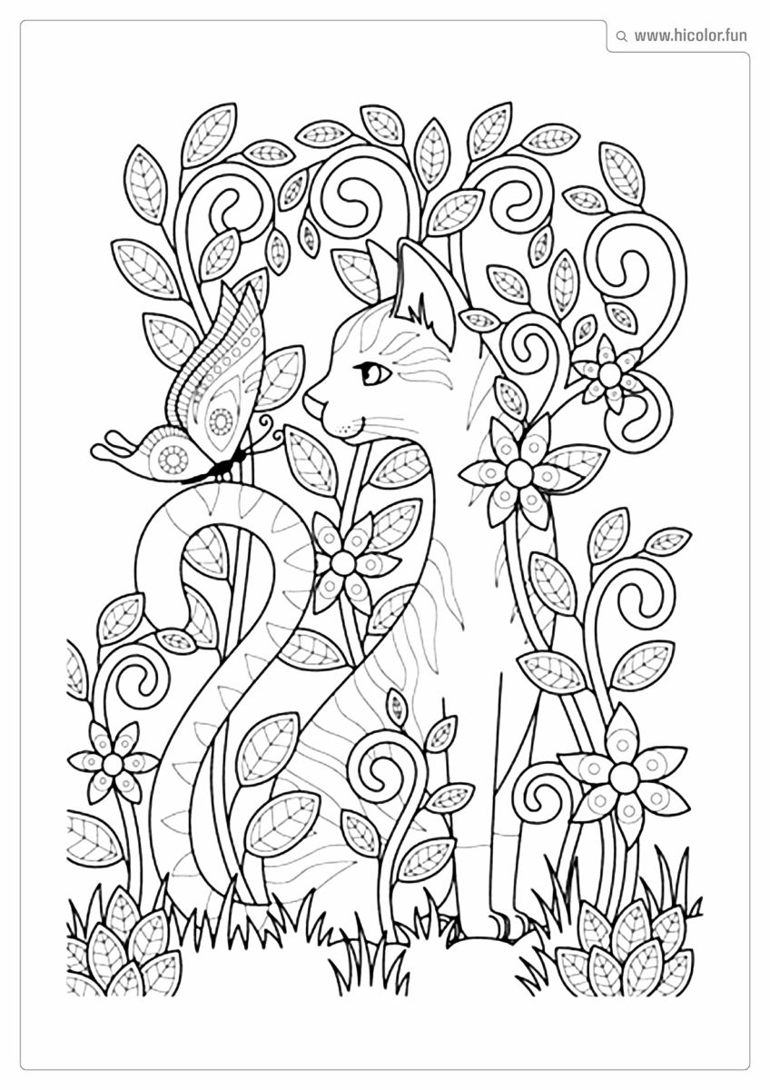 DESENHO PARA COLORIR DE GATO BORBOLETA POUSADA NO RABO COM FLORES PARA IMPRIMIR