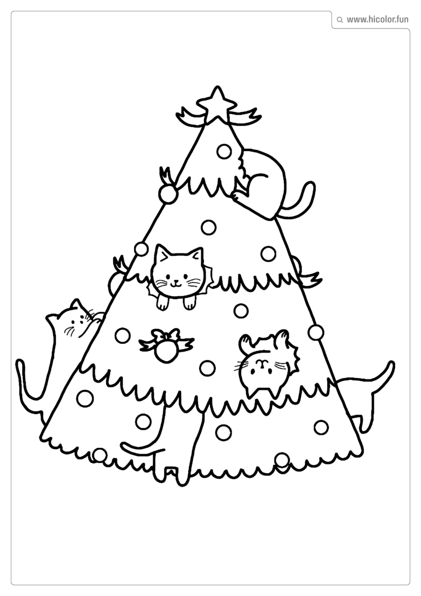 DESENHO PARA COLORIR DE GATO BRINCANDO COM A áRVORE DE NATAL FOFA PARA IMPRIMIR