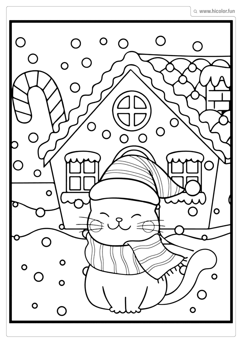 DESENHO PARA COLORIR DE GATO CASA DE DOCES E CASA DE GENGIBRE NO NATAL NEVE E DOCES FOFOS PARA IMPRIMIR