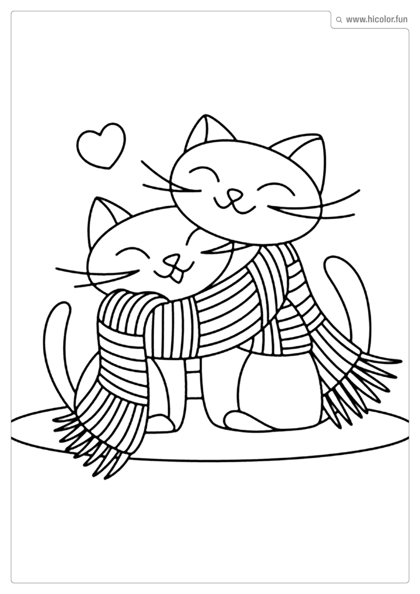 DESENHO PARA COLORIR DE GATO CASAL APAIXONADO SE ABRAçANDO COM CACHECOL FOFO NO FRIO PARA IMPRIMIR