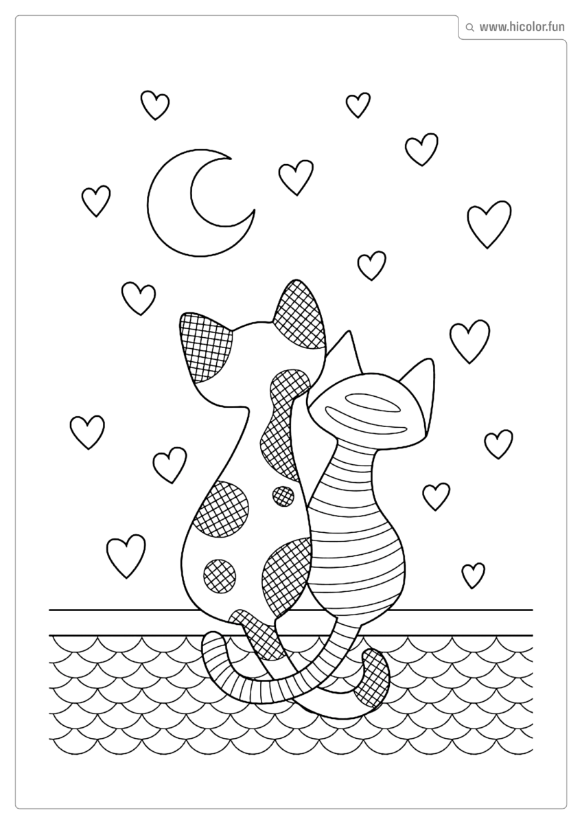 DESENHO PARA COLORIR DE GATO CASAL APAIXONADO VENDO A LUA EM CIMA DO MURO COM CORAçõES FOFOS PARA IMPRIMIR