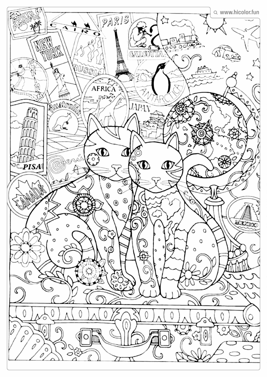 DESENHO PARA COLORIR DE GATO CASAL EM PARIS ESTILO MANDALA ADULTO PARA IMPRIMIR