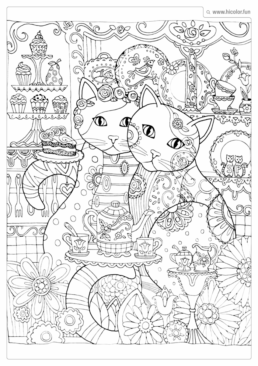 DESENHO PARA COLORIR DE GATO CASAL TOMANDO UM CHá DA TARDE EM UMA DICERIA PARA IMPRIMIR