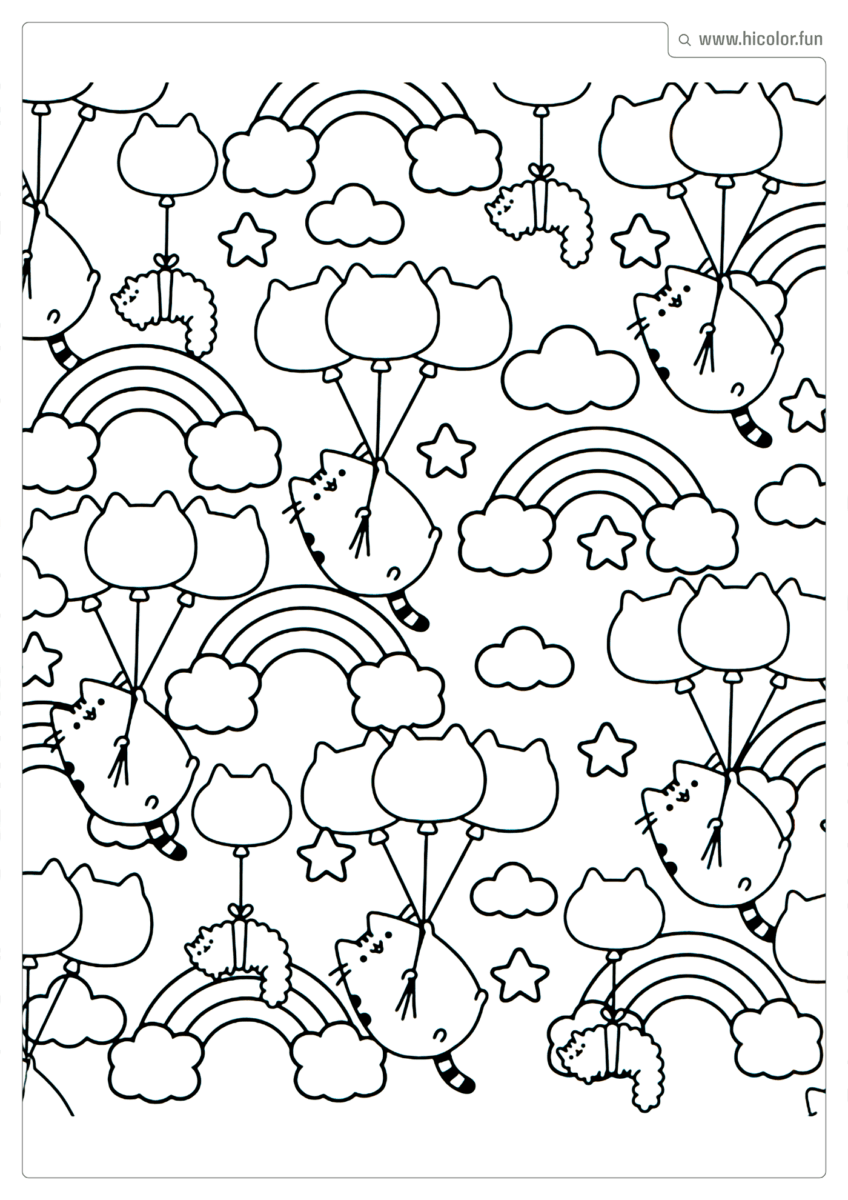 DESENHO PARA COLORIR DE GATO COM ARCO IRíS FOFOS E BALõES NO CéU KAWAII PARA IMPRIMIR