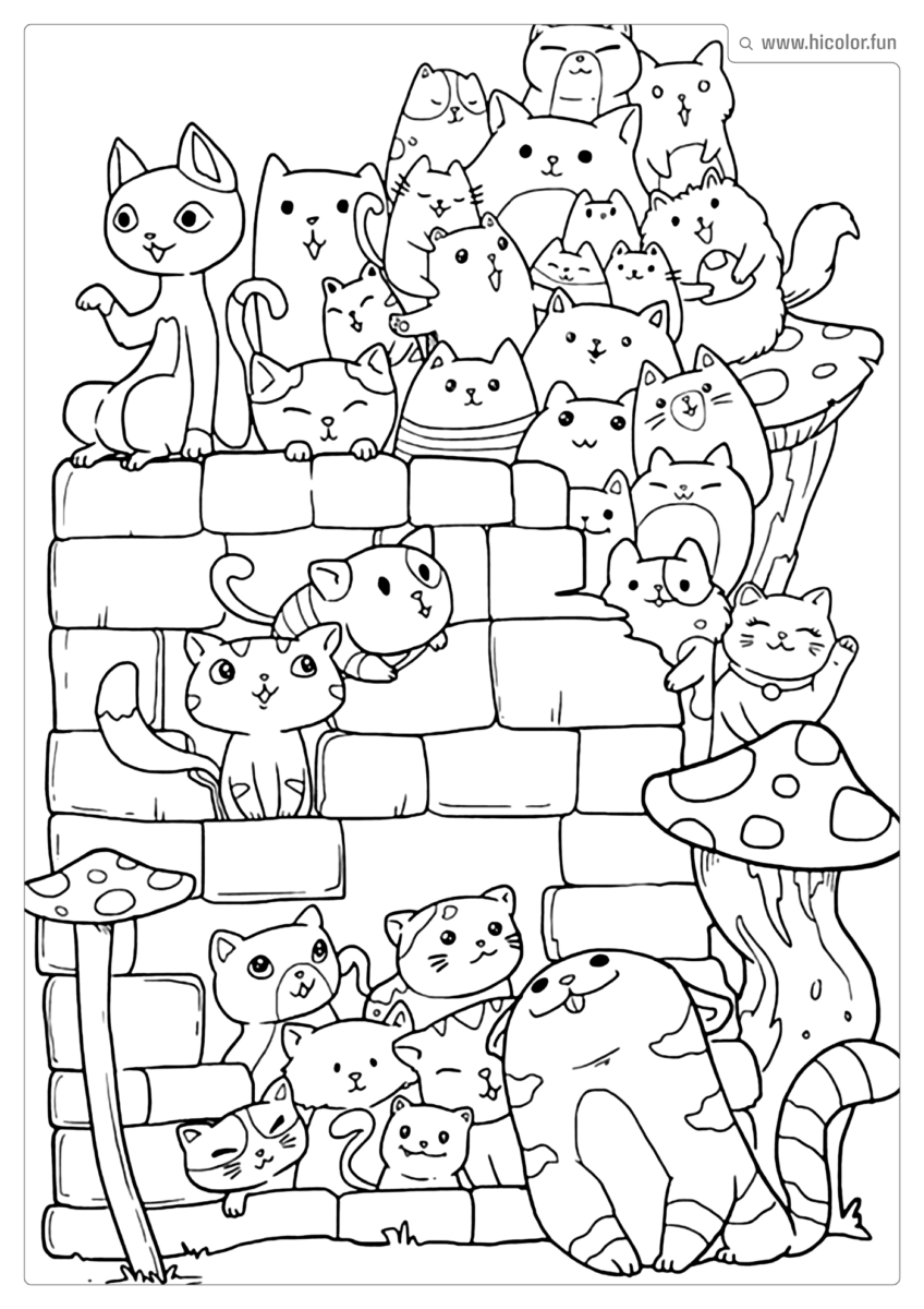 DESENHO PARA COLORIR DE GATO COM COGUMELOS EM CIMA DO MURO PARA IMPRIMIR
