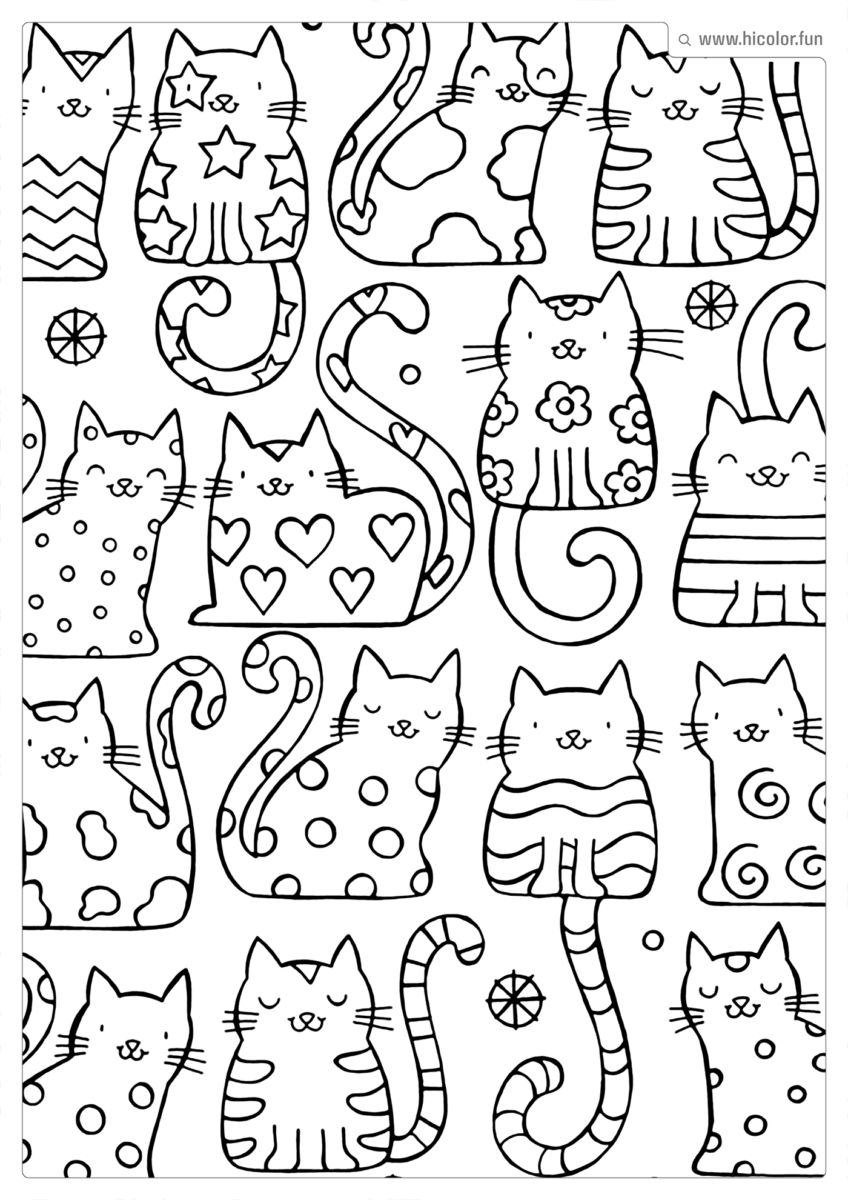 DESENHO PARA COLORIR DE GATO COM VáRIAS ESTAMPAS DE FLORES E CORAçãO E ESTRELAS DE FRENTE E DE LADDO PARA IMPRIMIR