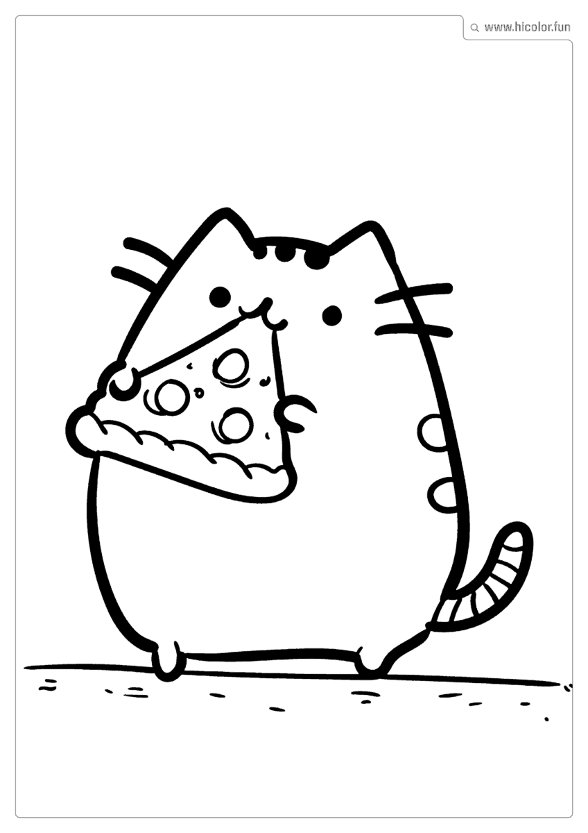 DESENHO PARA COLORIR DE GATO COMENDO UMA PIZZA SABOROSA FOFA DE QUEIJO PARA IMPRIMIR