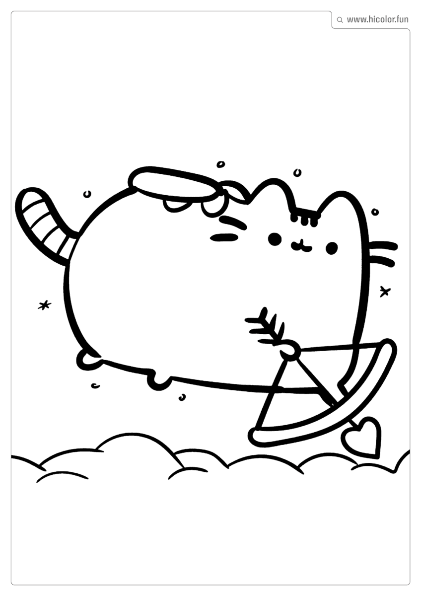 DESENHO PARA COLORIR DE GATO CUPIDO FOFO COM FLECHA DE CORAçãO KAWAII PARA IMPRIMIR