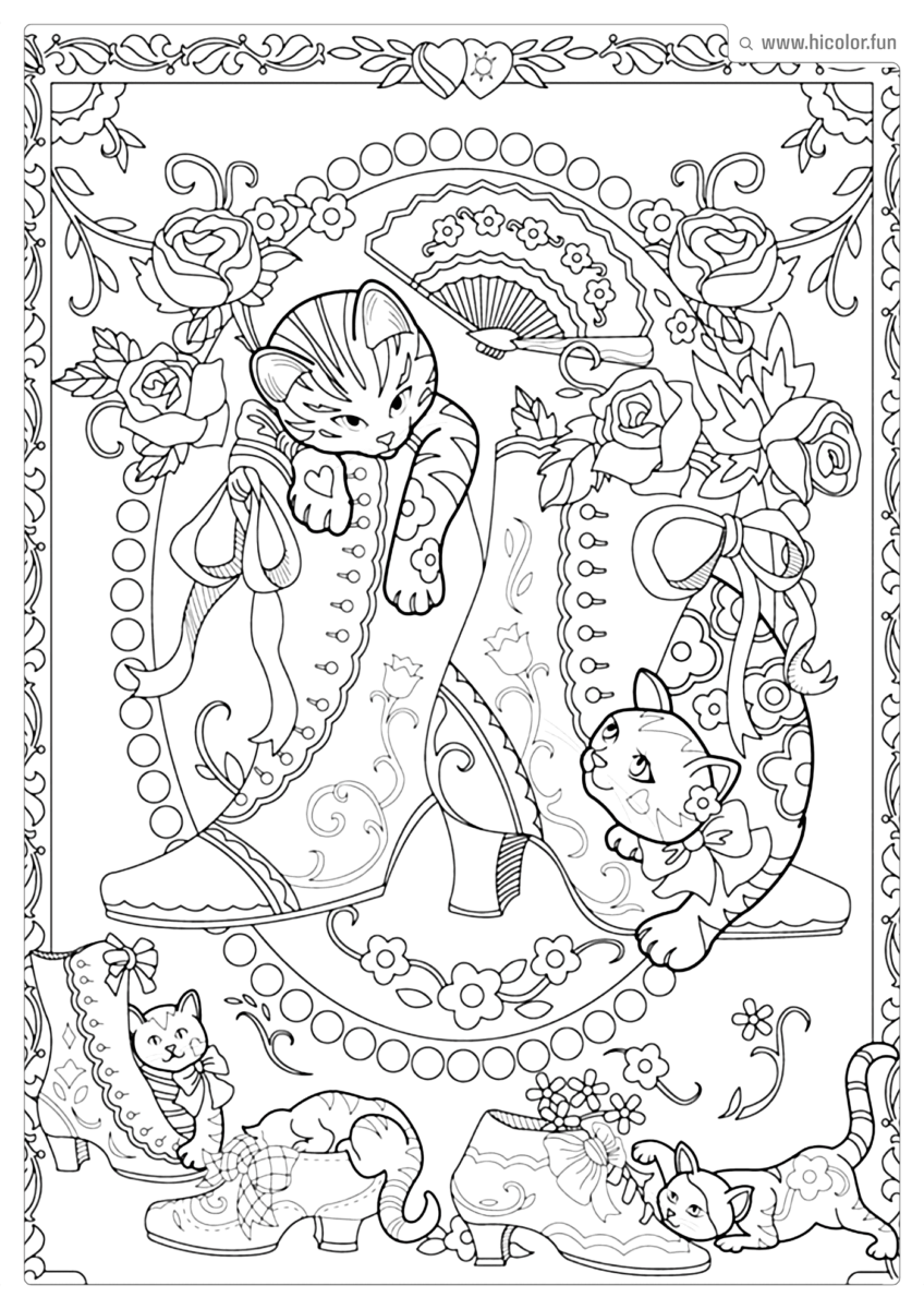 DESENHO PARA COLORIR DE GATO DOIS GATOS DENTRO DA BOTA COM LEQUE E FLORES PARA IMPRIMIR