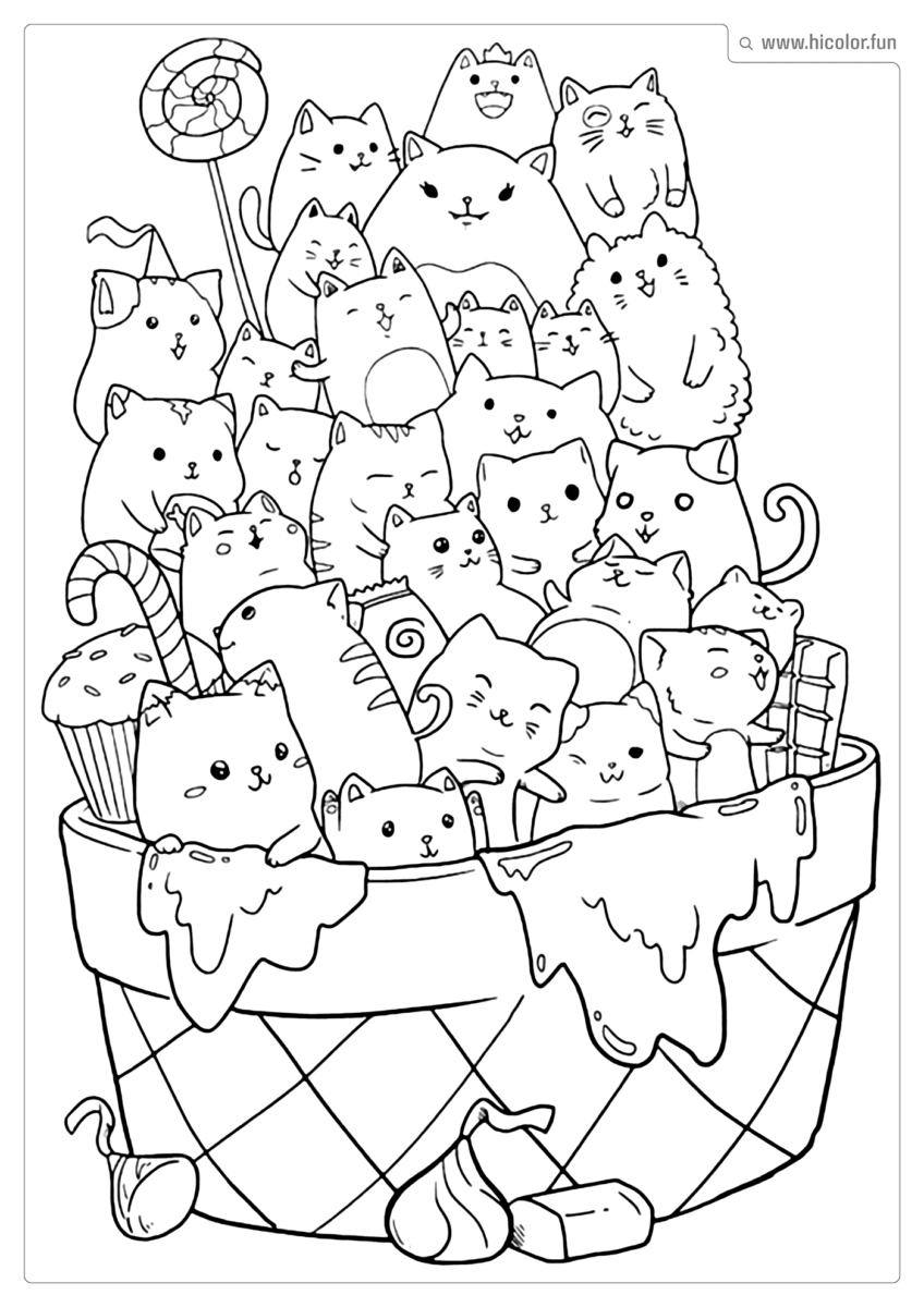 DESENHO PARA COLORIR DE GATO EMPILHADOS COM VáRIOS DOCES FOFOS PARA IMPRIMIR