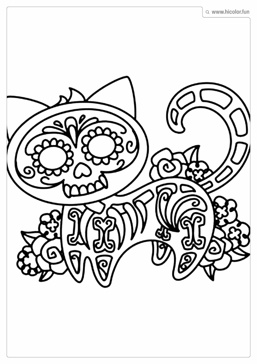 DESENHO PARA COLORIR DE GATO ESQUELETO COM FLORES PARA HALLOWEEN PARA IMPRIMIR