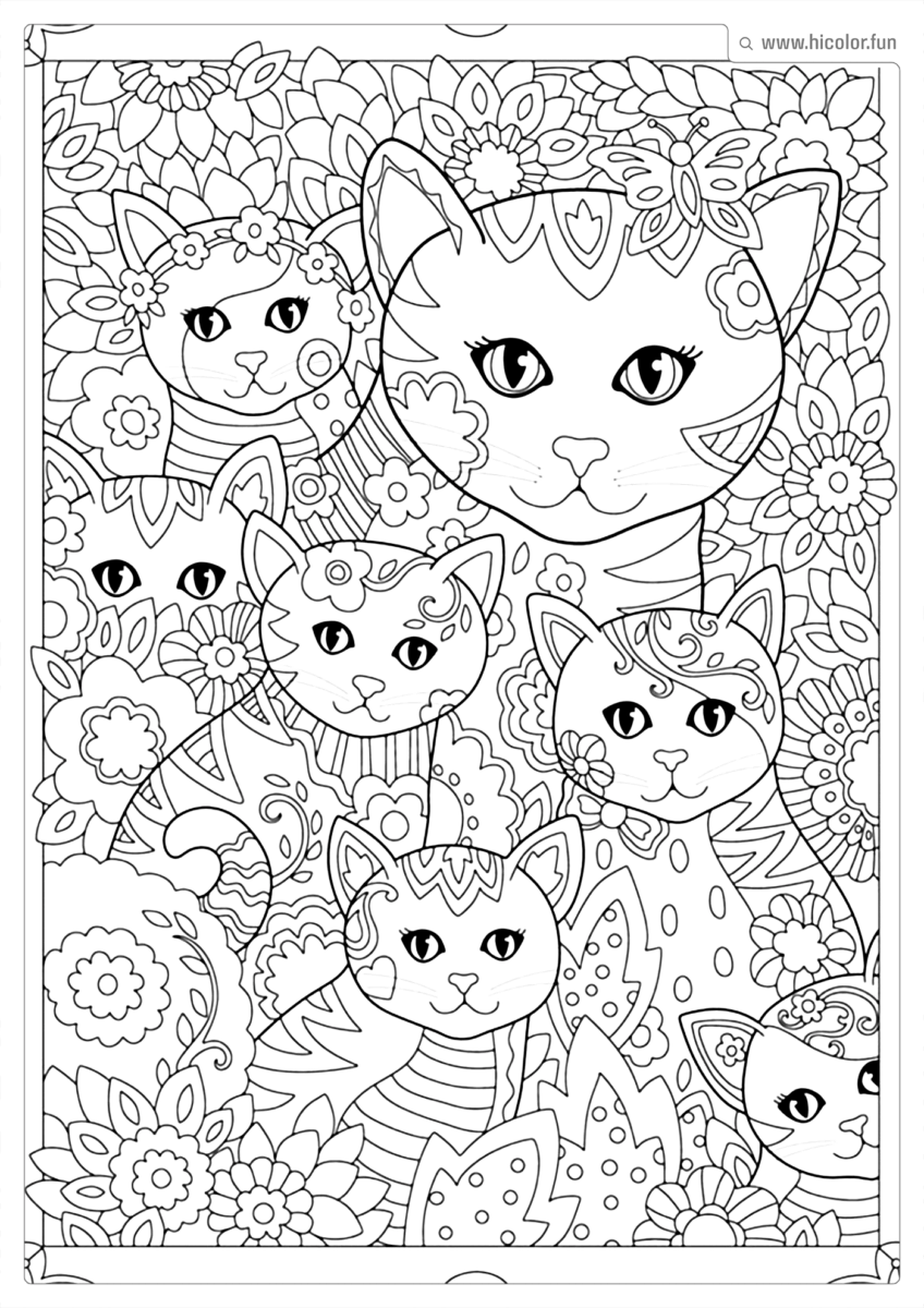 DESENHO PARA COLORIR DE GATO FAMíLIA DE GATOS COM FLORES E MANDALAS PARA IMPRIMIR