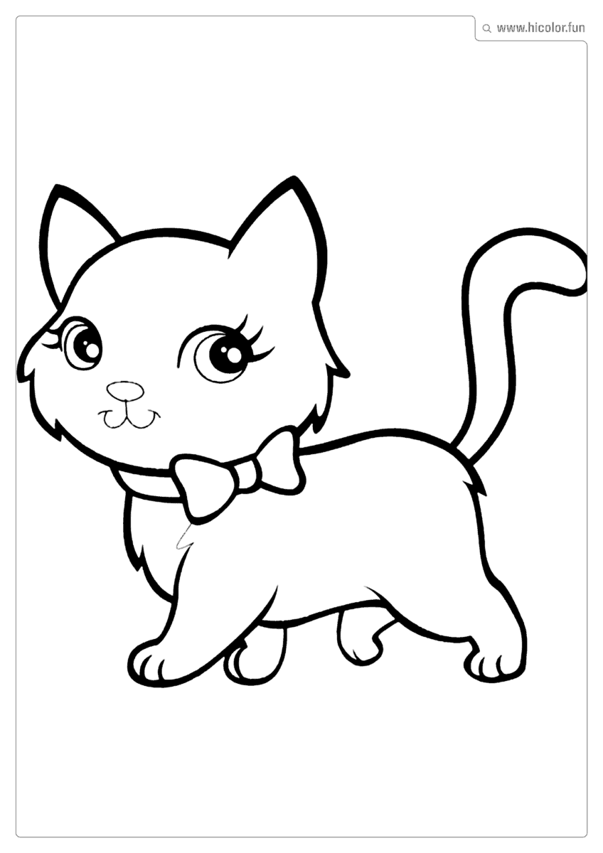 DESENHO PARA COLORIR DE GATO FOFA CAMINHANDO COM LAçO KAWAII NO PESCOçO PARA IMPRIMIR