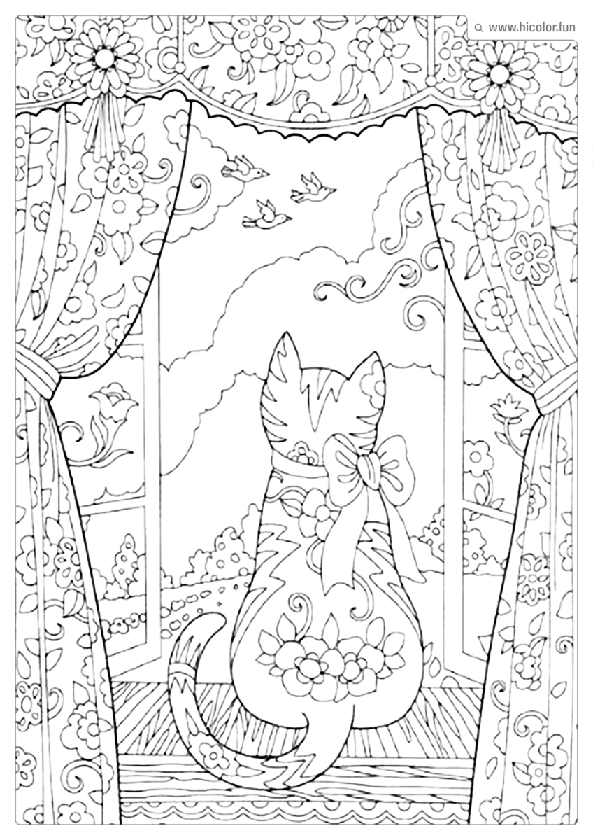 DESENHO PARA COLORIR DE GATO FOFA VENDO A PAISAGEM DA JANELA COM LAçO NO PESCOçO PARA IMPRIMIR