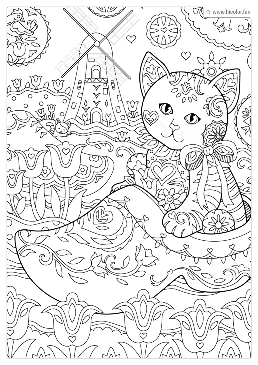 DESENHO PARA COLORIR DE GATO FOFO COM MOINHO DE VENTO AO FUNDO E FLORES E MANDALAS FOFAS PARA IMPRIMIR
