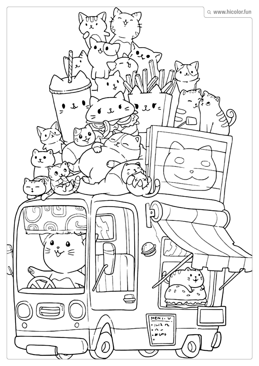 DESENHO PARA COLORIR DE GATO FOOD TRUCK DE COMIDA PARA GATO FOFO PARA IMPRIMIR