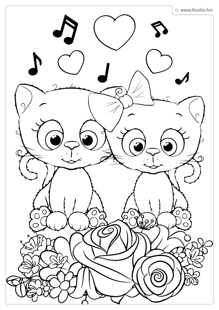 DESENHO PARA COLORIR DE GATO GATA E GATO JUNTO COM FLORES E ROSAS PARA IMPRIMIR