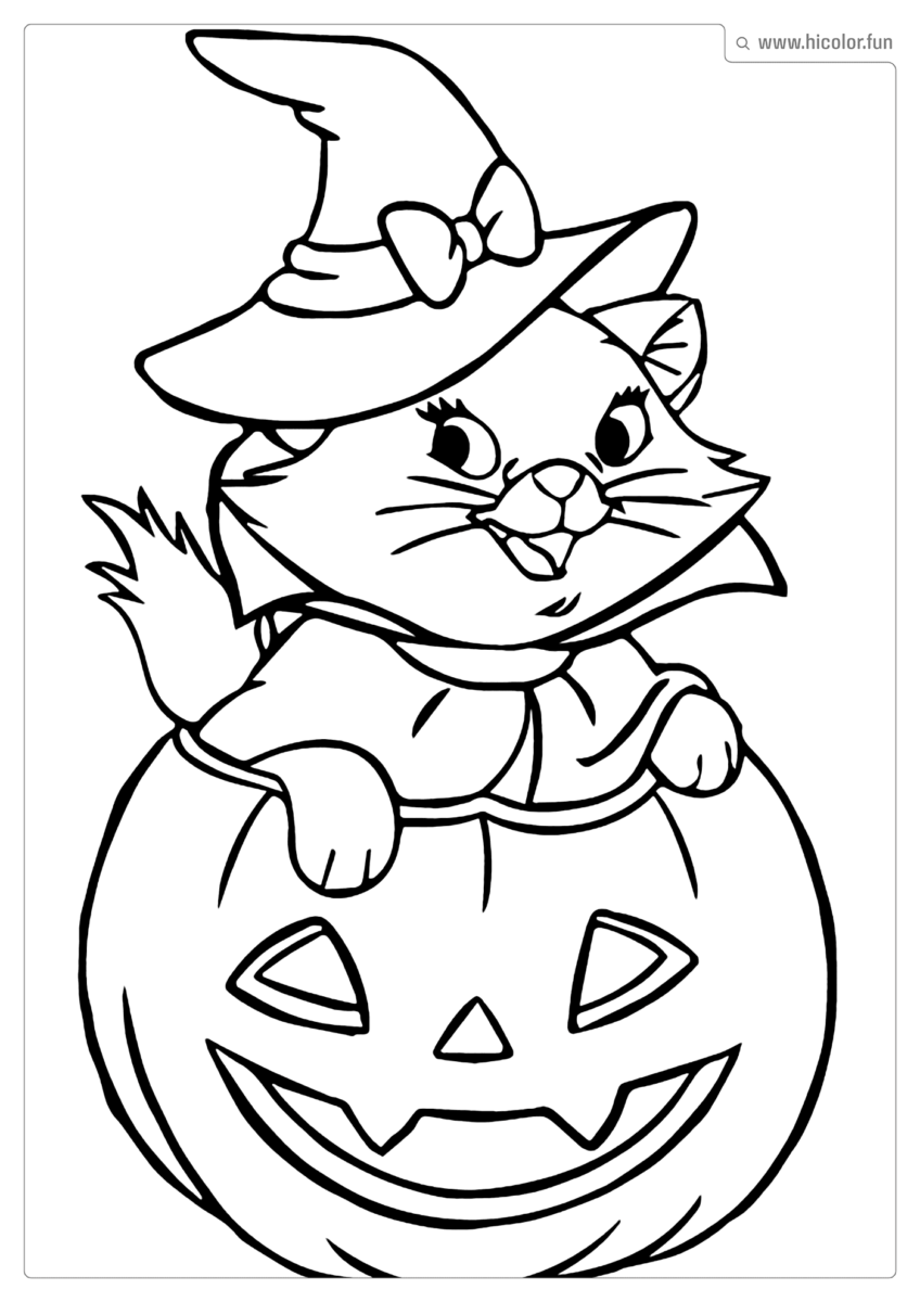 DESENHO PARA COLORIR DE GATO GATA MARIE DENTRO DA ABóBORA FOFA DE HALLOWEEN PARA IMPRIMIR