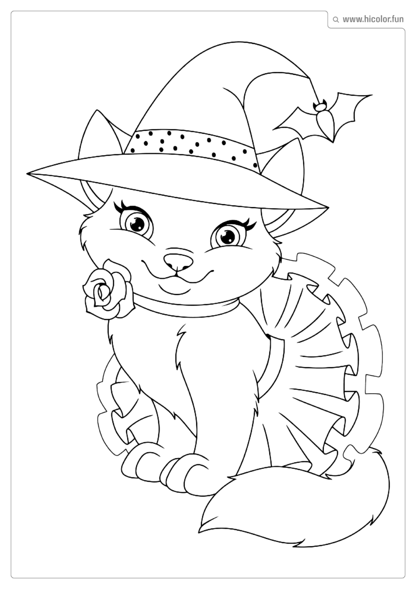 DESENHO PARA COLORIR DE GATO GATA MARIES COM FANTASIA DE BRUXA FOFA E CHAPéU PARA O HALLOWEEN PARA IMPRIMIR