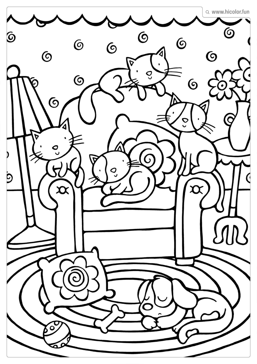 DESENHO PARA COLORIR DE GATO GATO E CACHORRO POLTRONA E TAPETE COM ABAJUR E ALMOFADA DE FLOR FOFO PARA IMPRIMIR