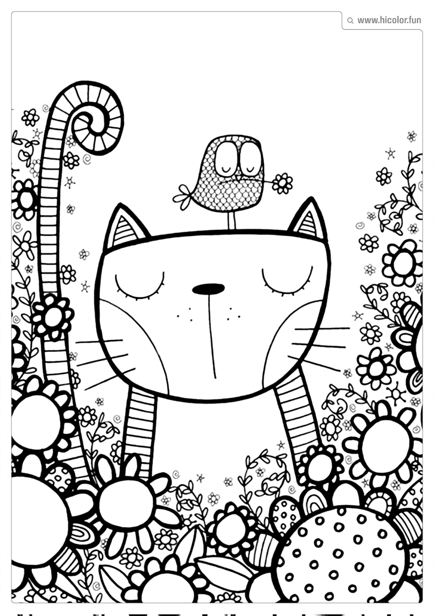 DESENHO PARA COLORIR DE GATO JUNTO COM GIRASSóIS KAWAII PARA IMPRIMIR
