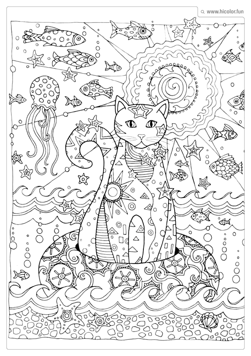 DESENHO PARA COLORIR DE GATO MANDALA ABSTRATO FUNDO DO MAR ADULTO PARA IMPRIMIR