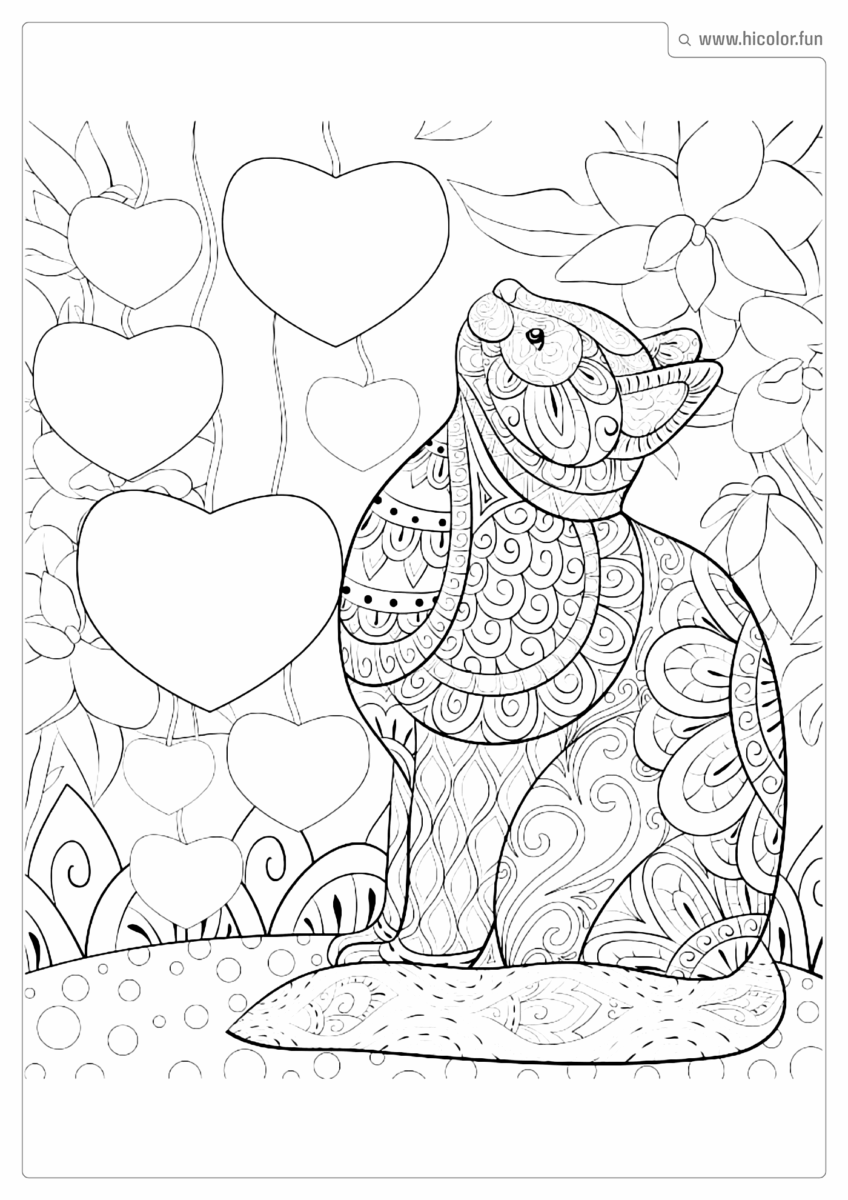DESENHO PARA COLORIR DE GATO MANDALA ADULTO COM CORAçõES E FLORES PARA IMPRIMIR