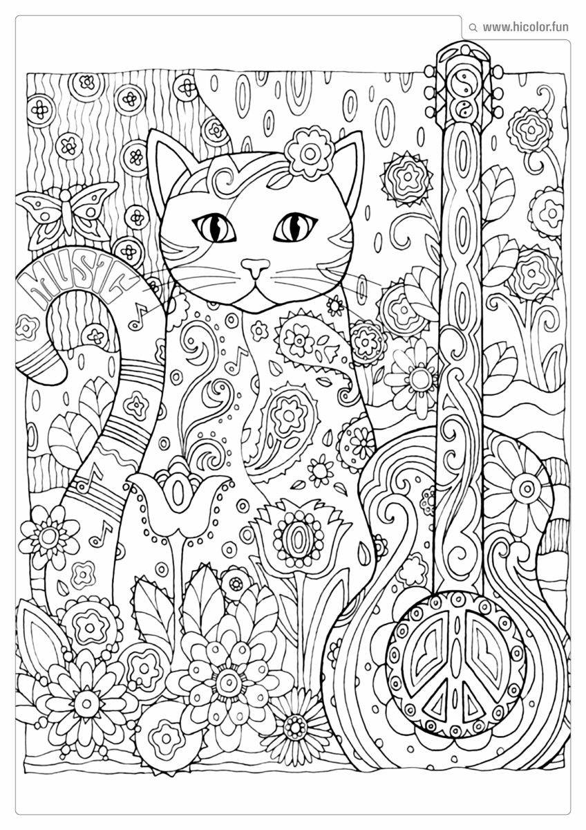 DESENHO PARA COLORIR DE GATO MANDALA ADULTO COM VIOLãO E FLORES PARA IMPRIMIR