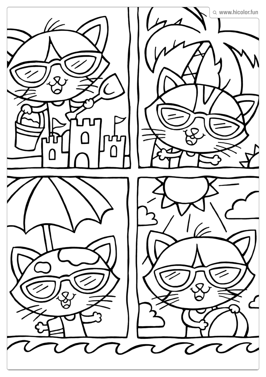 DESENHO PARA COLORIR DE GATO NA PRAIA FAZENDO CASTELO DE AREIA GUARDA SOL COQUEIRO óCULOS ESCUROS PARA IMPRIMIR