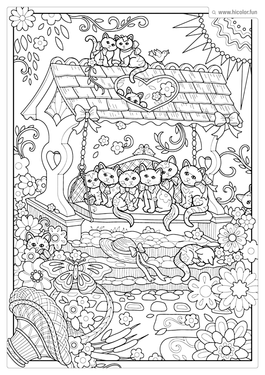 DESENHO PARA COLORIR DE GATO NO JARDIM COM FLORES EM BAIXO DO SOL PARA IMPRIMIR
