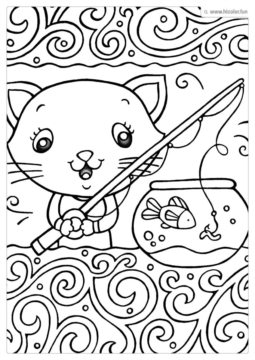 DESENHO PARA COLORIR DE GATO PESCANDO NO AQUáRIO COM VARA DE PESCA E FUNDO DO MAR KAWAII PARA IMPRIMIR