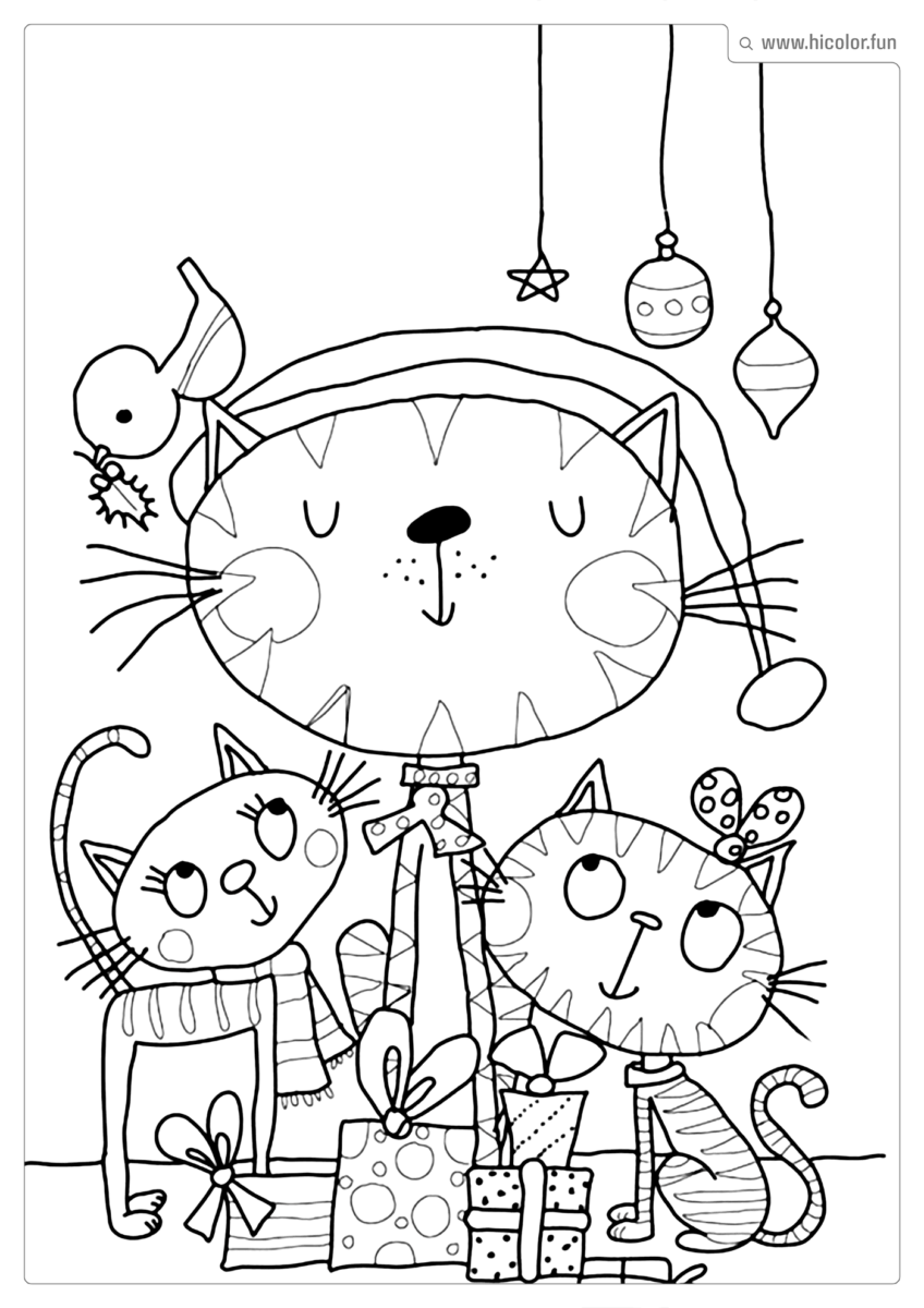 DESENHO PARA COLORIR DE GATO PRESENTES DE NATAL USANDO GORRO DE PAPAI NOEL PARA IMPRIMIR