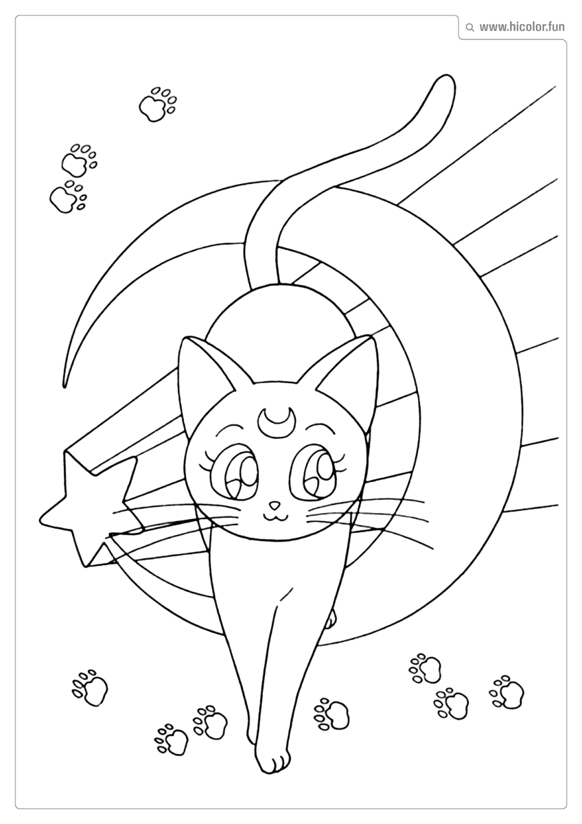 DESENHO PARA COLORIR DE GATO SAILORMOON COM A LUA DO ANIME PARA IMPRIMIR