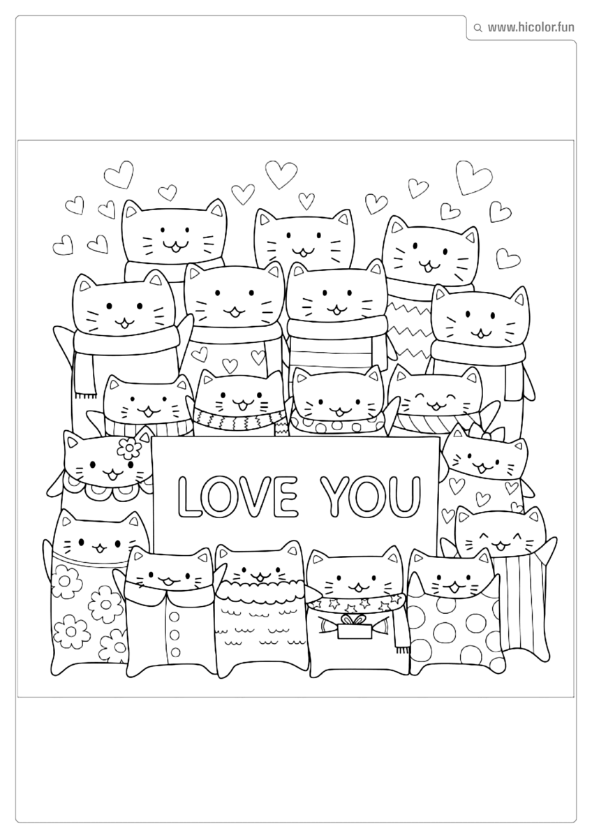 DESENHO PARA COLORIR DE GATO SEGURANDO PLACA EU TE AMO EM INGLêS COM VáRIOS CORAçõES FOFOS PARA IMPRIMIR