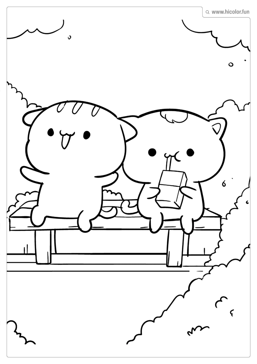 DESENHO PARA COLORIR DE GATO SENTADO NO BRANCO DA PRAçA TOMANDO SUCO PARA IMPRIMIR