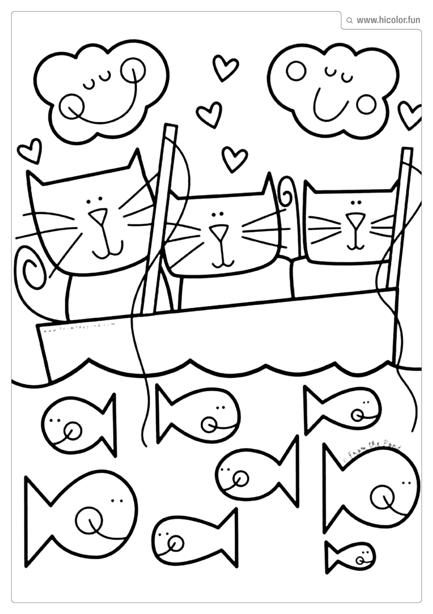 DESENHO PARA COLORIR DE GATO TRêS GATOS NA CANOA PESCANDO PEIXES FOFOS PARA IMPRIMIR