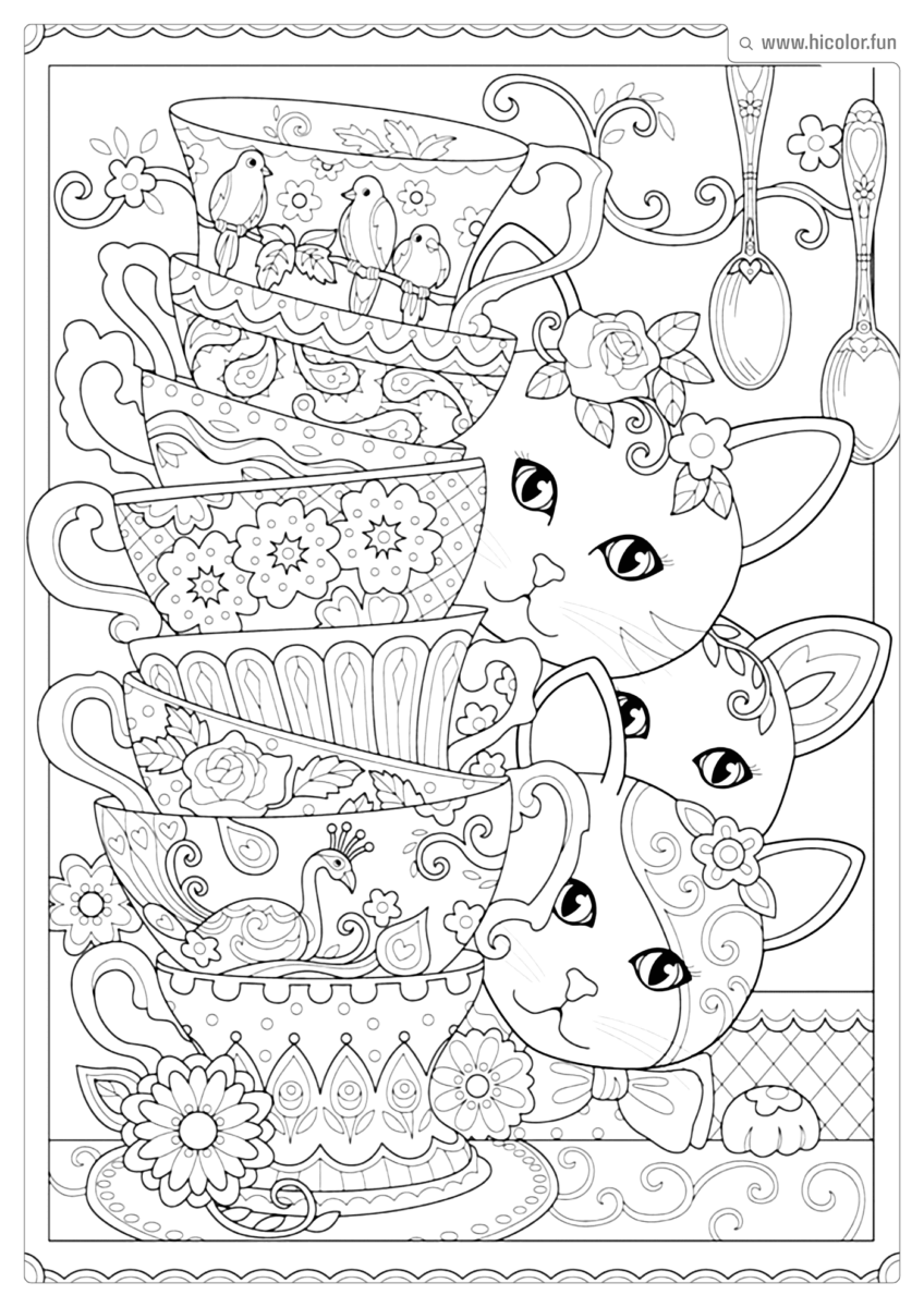 DESENHO PARA COLORIR DE GATO TRêS GATOS NA COZINHA ESCONDIDOS XíCARAS DE CHá E COLHERES PENDURADAS PARA IMPRIMIR