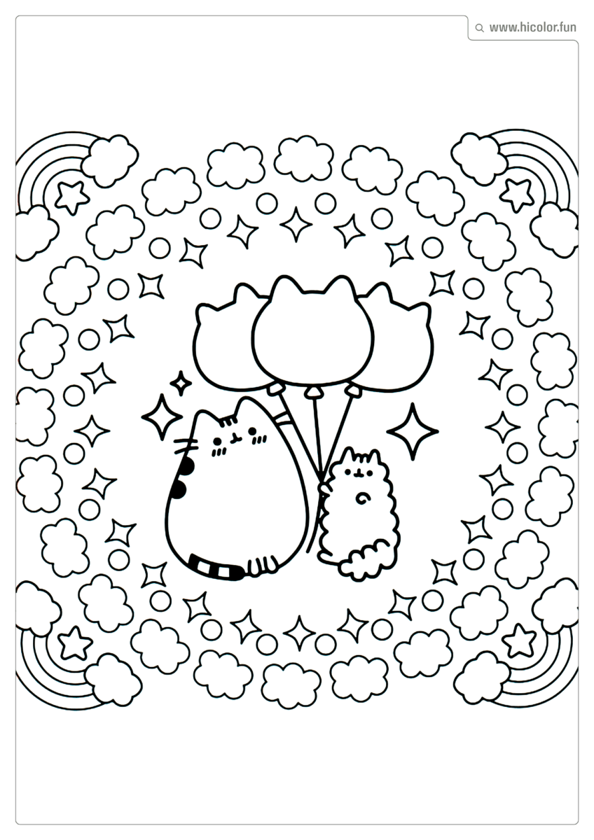DESENHO PARA COLORIR DE GATO VOANDO COM BALõES FOFOS E ARCO íRIS PARA IMPRIMIR