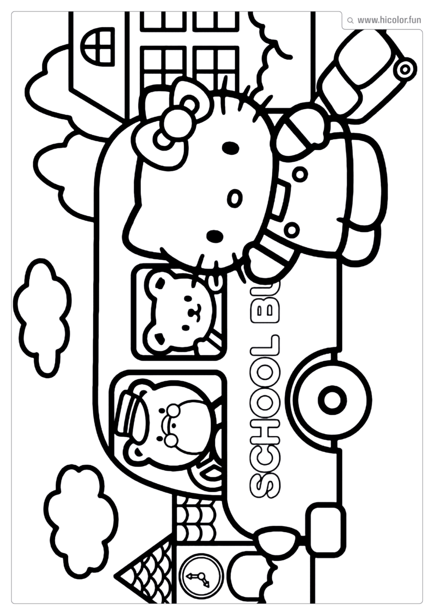 DESENHO PARA COLORIR HELLO KITTY ESCOLA, MOCHILA ôNIBUS PARA IMPRIMIR