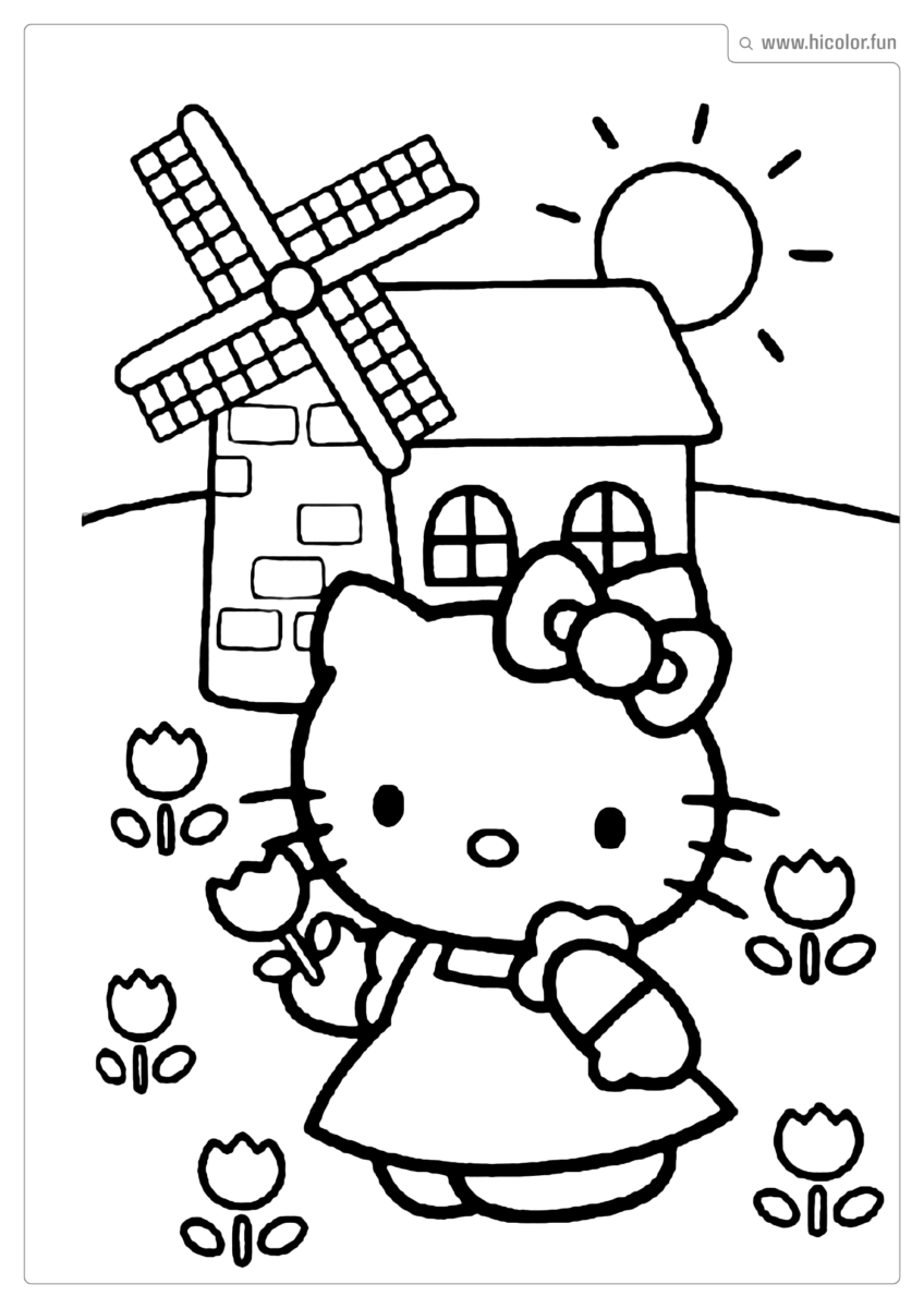 DESENHO PARA COLORIR HELLO KITTY FLOR JARDIM RODA MOINHO PARA IMPRIMIR