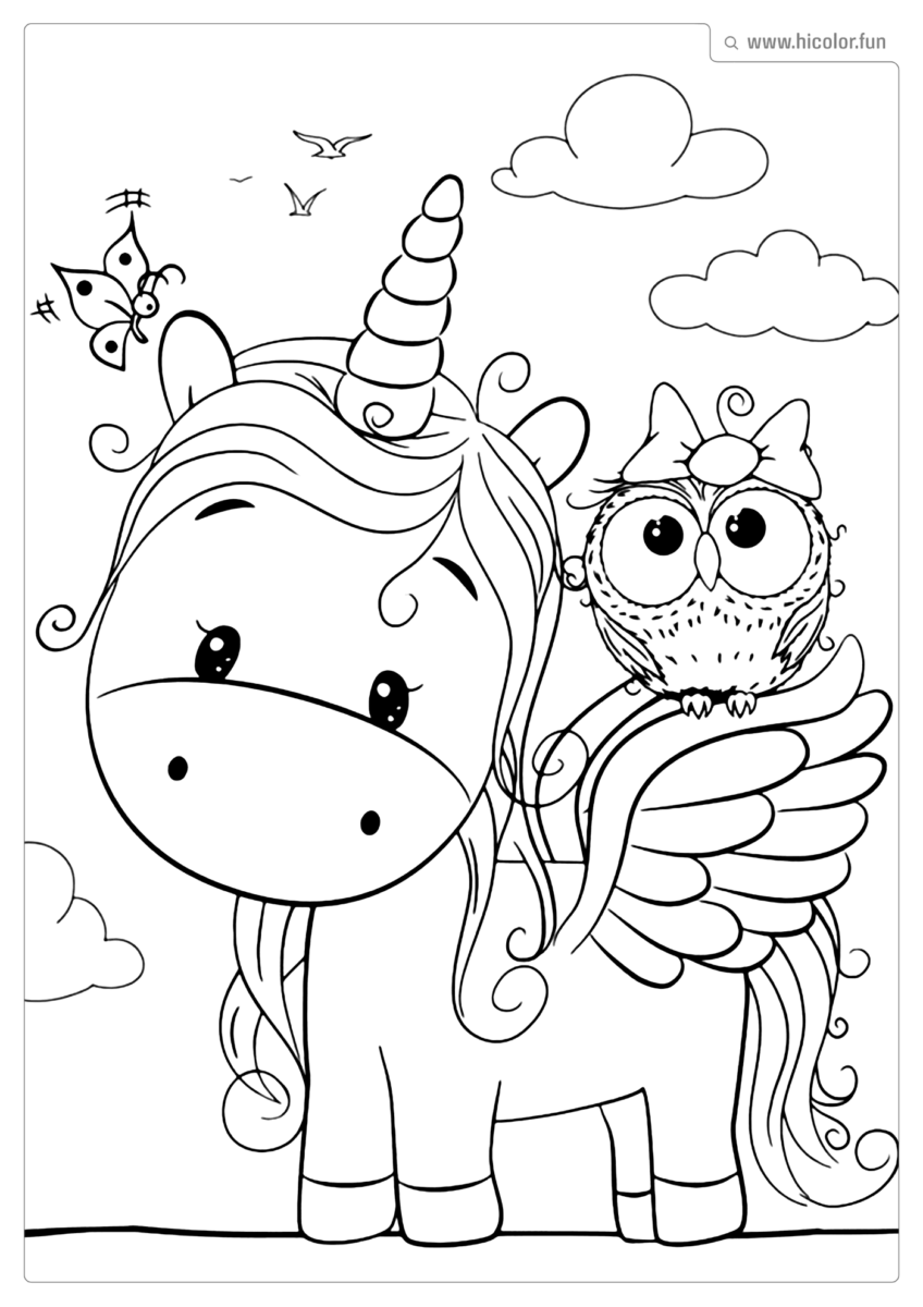 DESENHO PARA COLORIR UNICóRNIO E CORUJA PARA IMPRIMIR