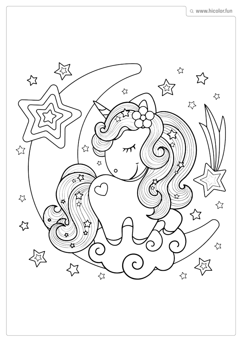 DESENHO PARA COLORIR UNICóRNIO KAWAII LUA ESTRELA PARA IMPRIMIR
