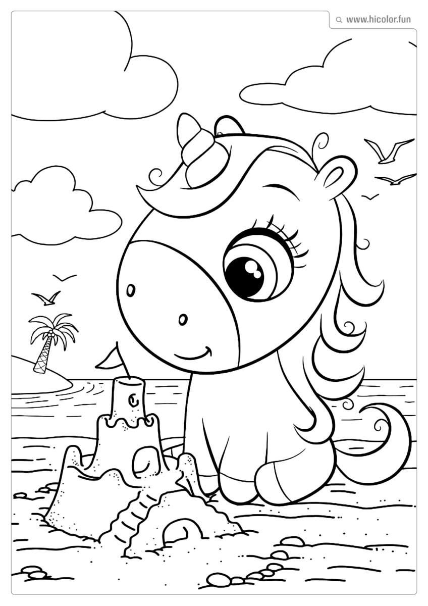 DESENHO PARA COLORIR UNICóRNIO PRAIA CASTELO PARA IMPRIMIR