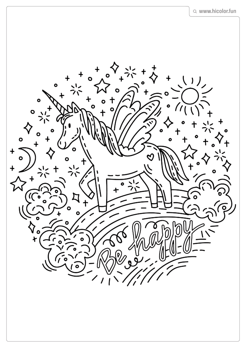 DESENHO PARA COLORIR UNICóRNIO SEJA FELIZ BE HAPPY PARA IMPRIMIR